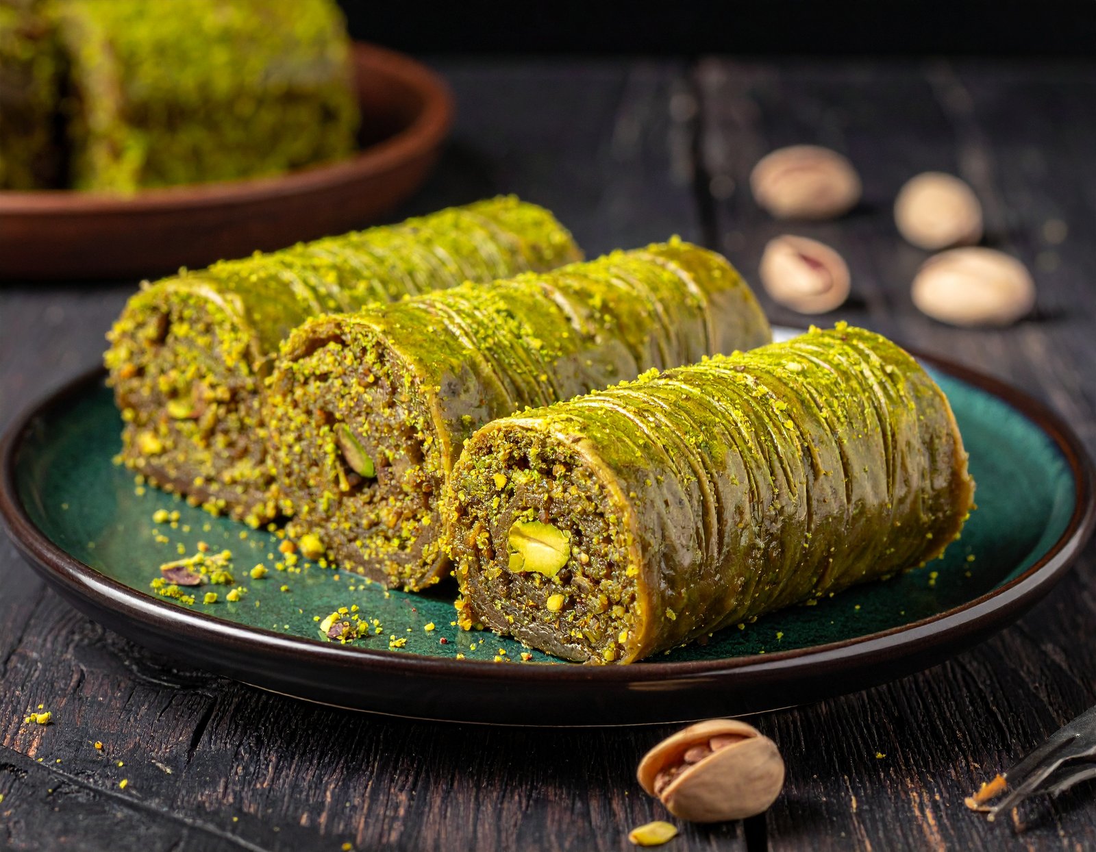 firefly a dramatic commercial food photograph of pistachio “rulla” baklava, entirely coated a 878179